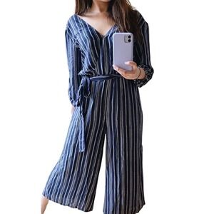 Hutch Anthropologie Wide‎ Leg Navy Blue Striped Tie Jumpsuit Size Small